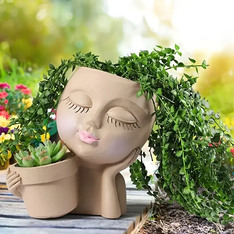 Handheld Basket Girl Face Planter, Resin Crafts, Multi-color Human Planter for Indoor and Outdoor Plants with Drainage Hole