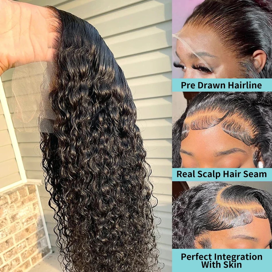 250% 30 40 Inch Deep Wave 13x6 HD Transparent Lace Front Human Hair Wig Brazilian 13x4 Water Curly Lace Frontal Wigs For Women