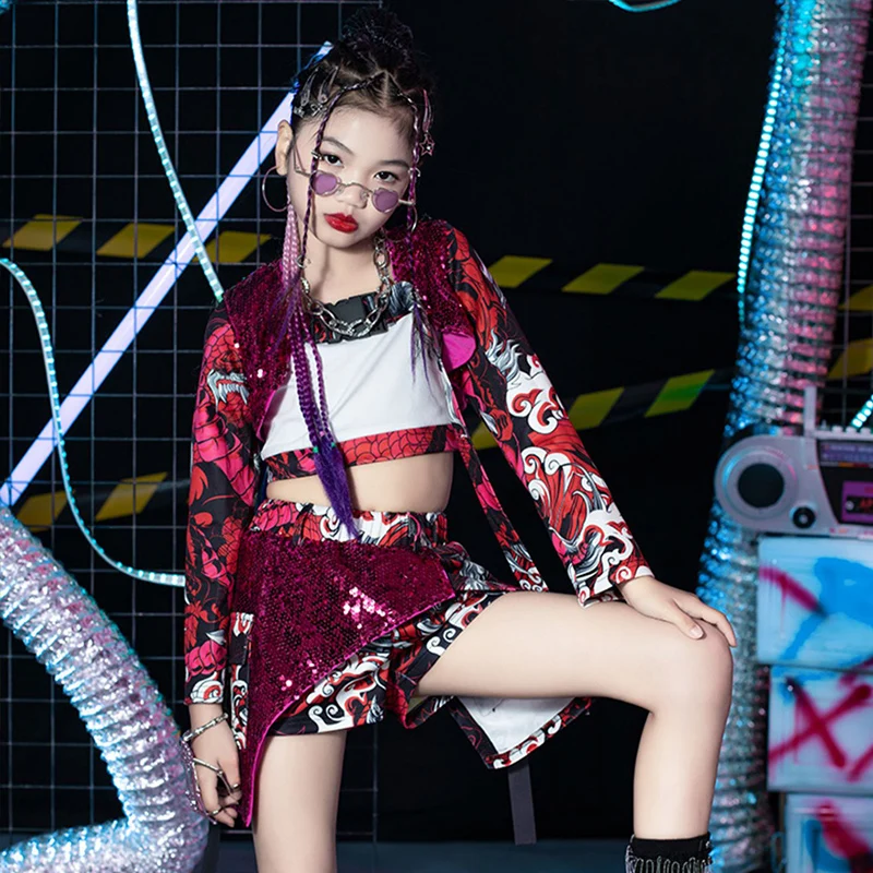 

Girls Hip Hop Dancewear Chinese Style Sequin Jazz Performance Stage Clothes Cheerleading Costume Rave Festival Clothing DL10217