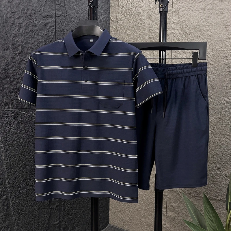 

Summer Men's Ice Silk Short Sleeve Lapel Striped POLO Shirt Five-Point Pants Two-piece Set Breathable Business Casual T-Shirt