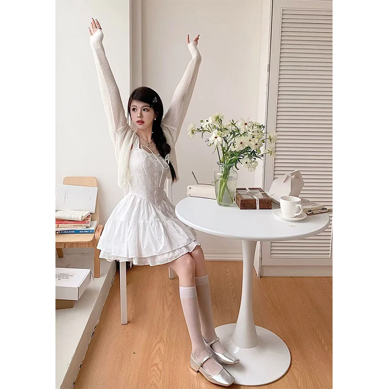 MEXZT Sweet White Mini Dress Women Fairy Party Prom Strap Ruffles One Pieces Dresses Korean Vacation Bodycon Ball Gown Vestidos
