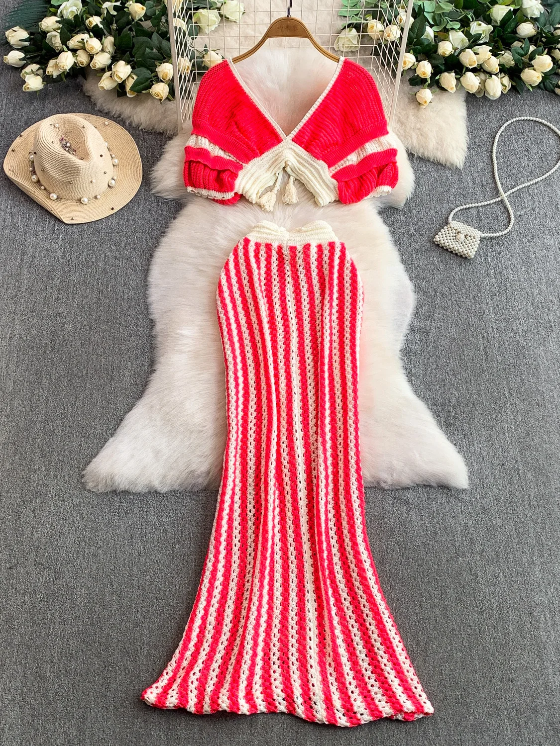 n Vaion Sle مثير V-Ne محبوك مع ذيل Fi طويل مجوف تصميم مكون من قطعتين مجموعة Ele ملابس غير رسمية للتاريخ #4