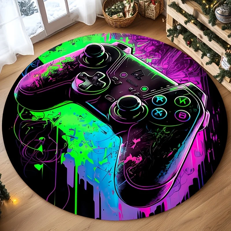 Runder Teppich mit Neon-Motiv, Game-Controller-Muster, rutschfeste Bodenmatte für Wohnzimmer, Schlafzimmer, Badezimmer, Urlaubsdekoration