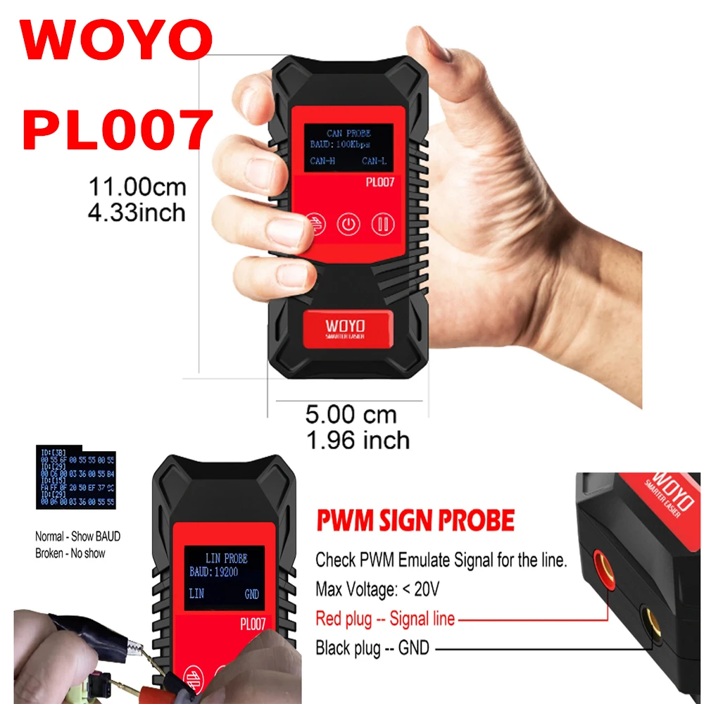 CAN LIN PWM Tester WOYO PL007 Auto-recognize CAN-H  CAN-L Check PWM Signal Mode Read Baud Rate for Automotive Diagnostic Tools