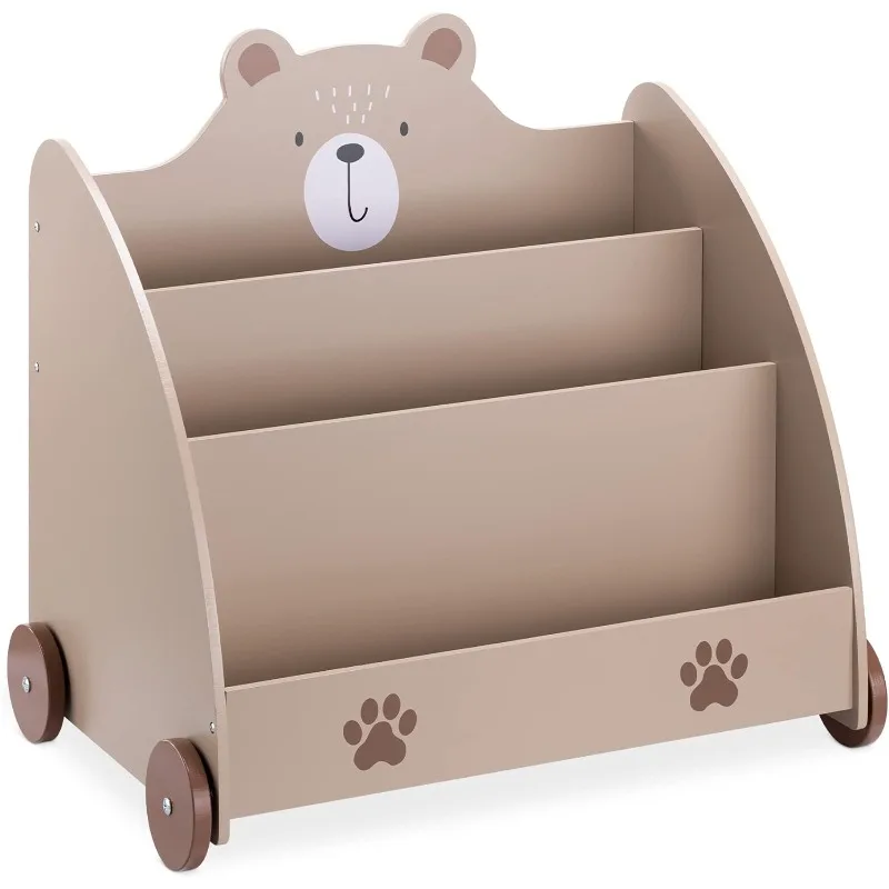 

Kids Bookcase - Childrens Bookshelf with Wheels and 3 Book Storage Shelves - Childs Bookshelves for Bedroom or Play Room