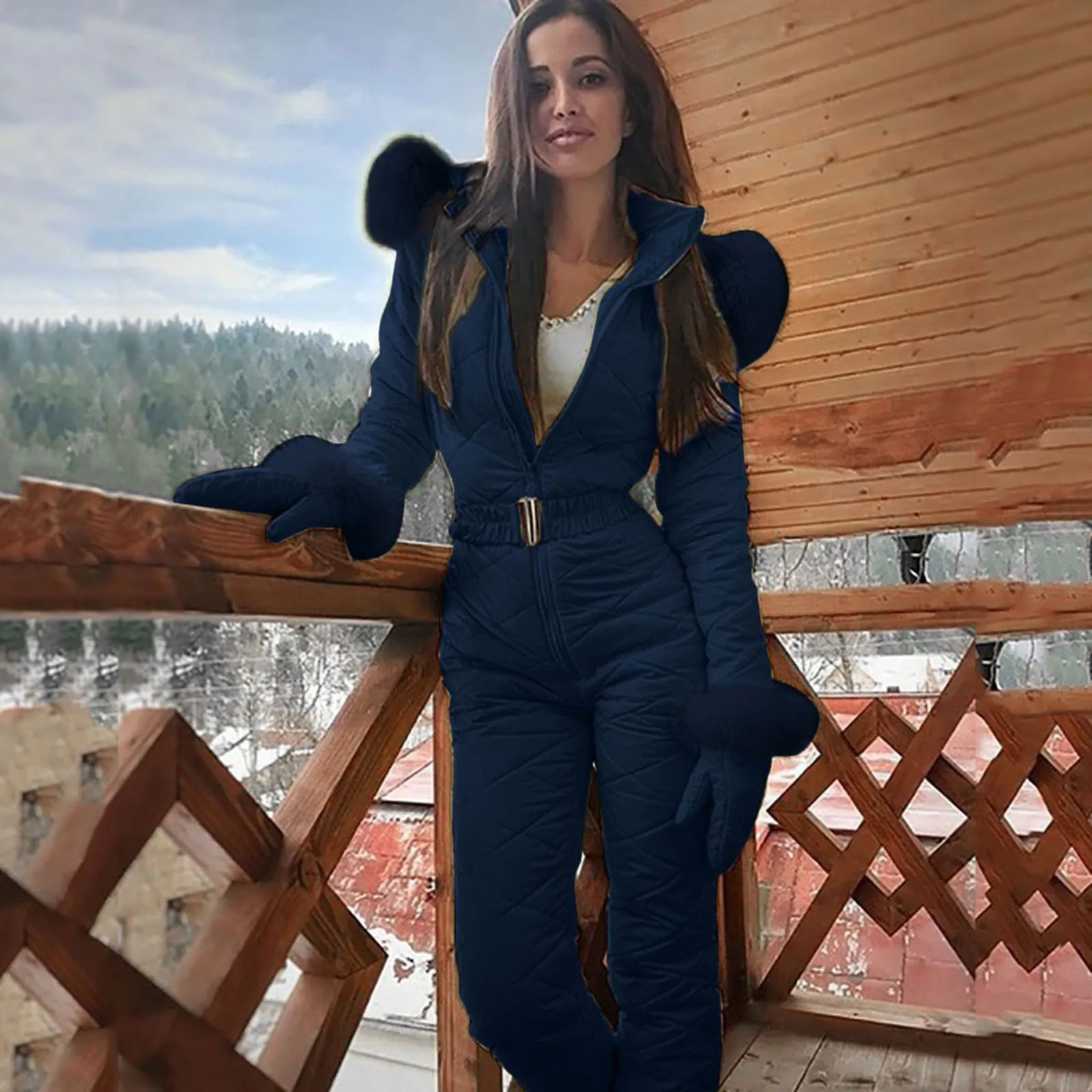 Women's Thick Zipper Skisuit Ski Suit Sports Outdoor Costume Windproof Snowboard Casual Fashion Jumpsuit With Fur Collar