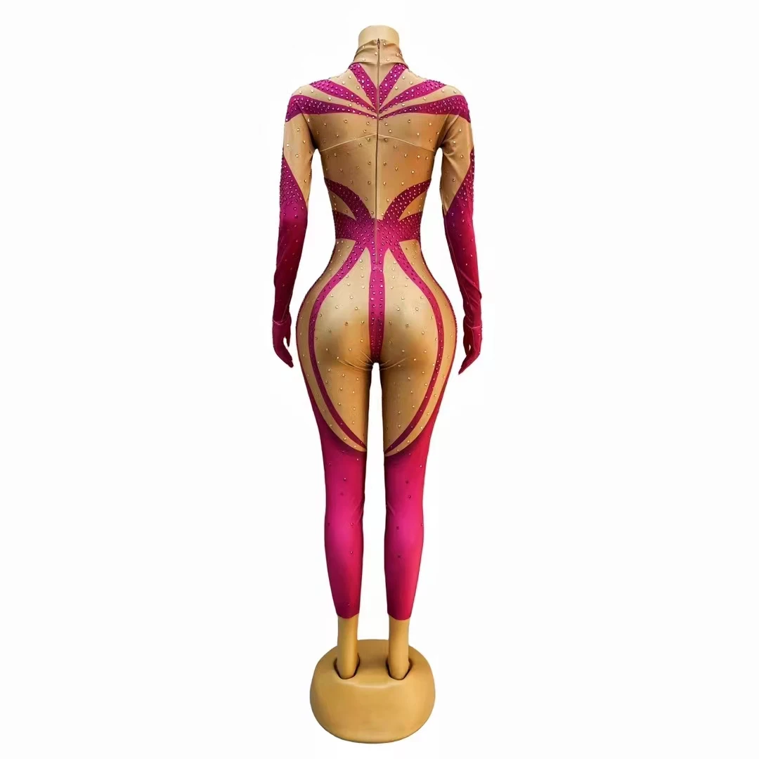 Sexy Nightclub Bar Pole Dance Leotard Pink Print Rhinestone Jumpsuit Party Rave Outfit Performance Stage Wear Drag Queen Costume