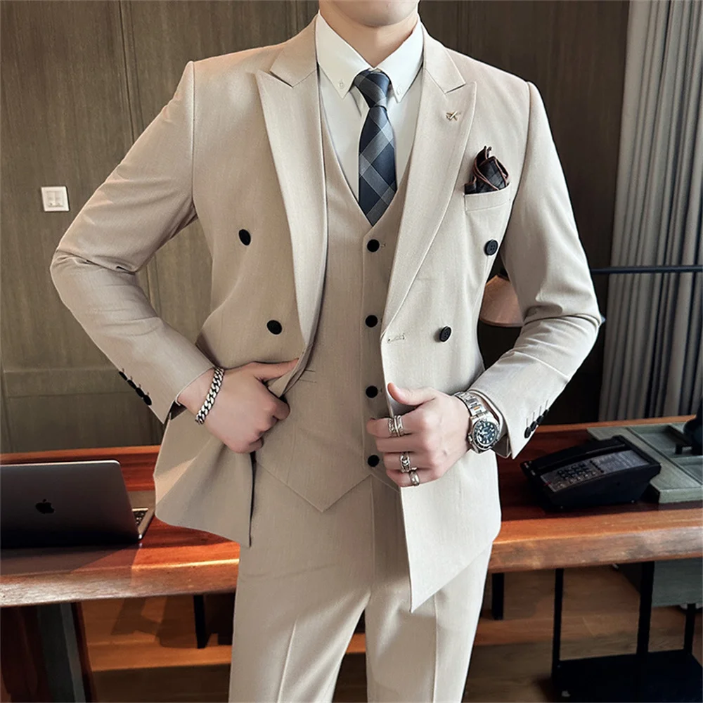 Solid color plus-size suit men's business formal Korean double-breasted three-piece men's fashion suit