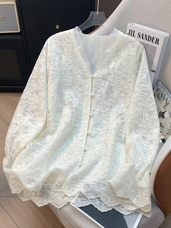

Retro Style Embroidered Lace Shirt Long Sleeve V-Neck Women's Loose Fit Bubble Sleeve Casual Top Quality Fabric Non-Shrinkage