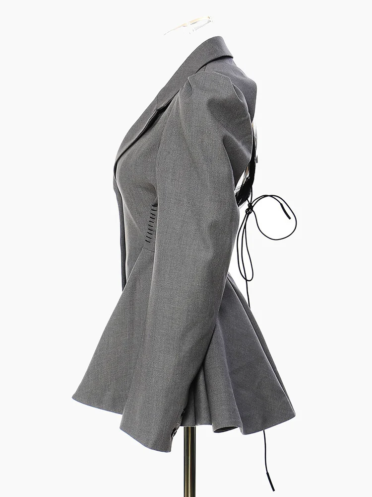 [EAM]  Women Gray Backless Mesh Ruffles Elegant Blazer New Lapel Long Sleeve Loose Fit Jacket Fashion Spring Autumn 2024 1DE9895