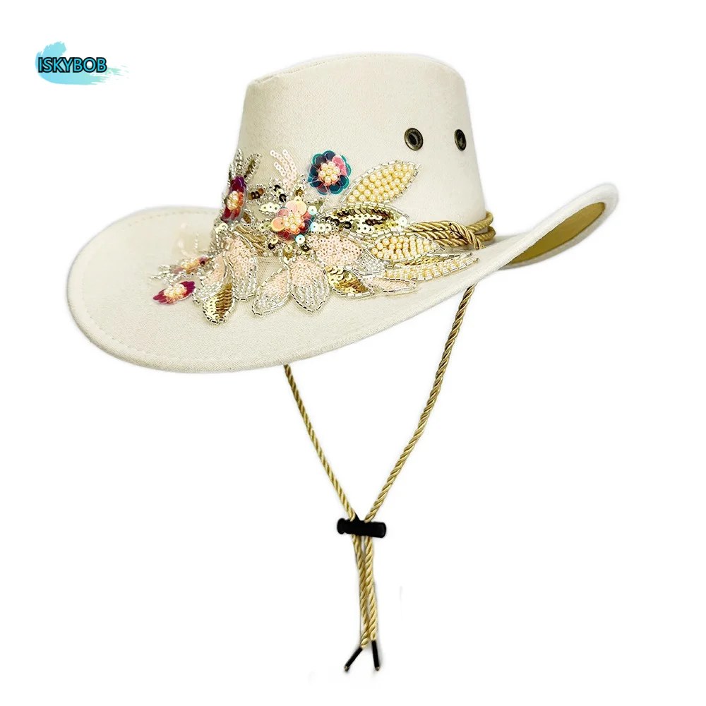 

Wide Brim Western Cowboy Cap Woolen Embroidered Sun Protection Knight Hat Ethnic Style Lightweight Cowgirls Visor Cap Concert