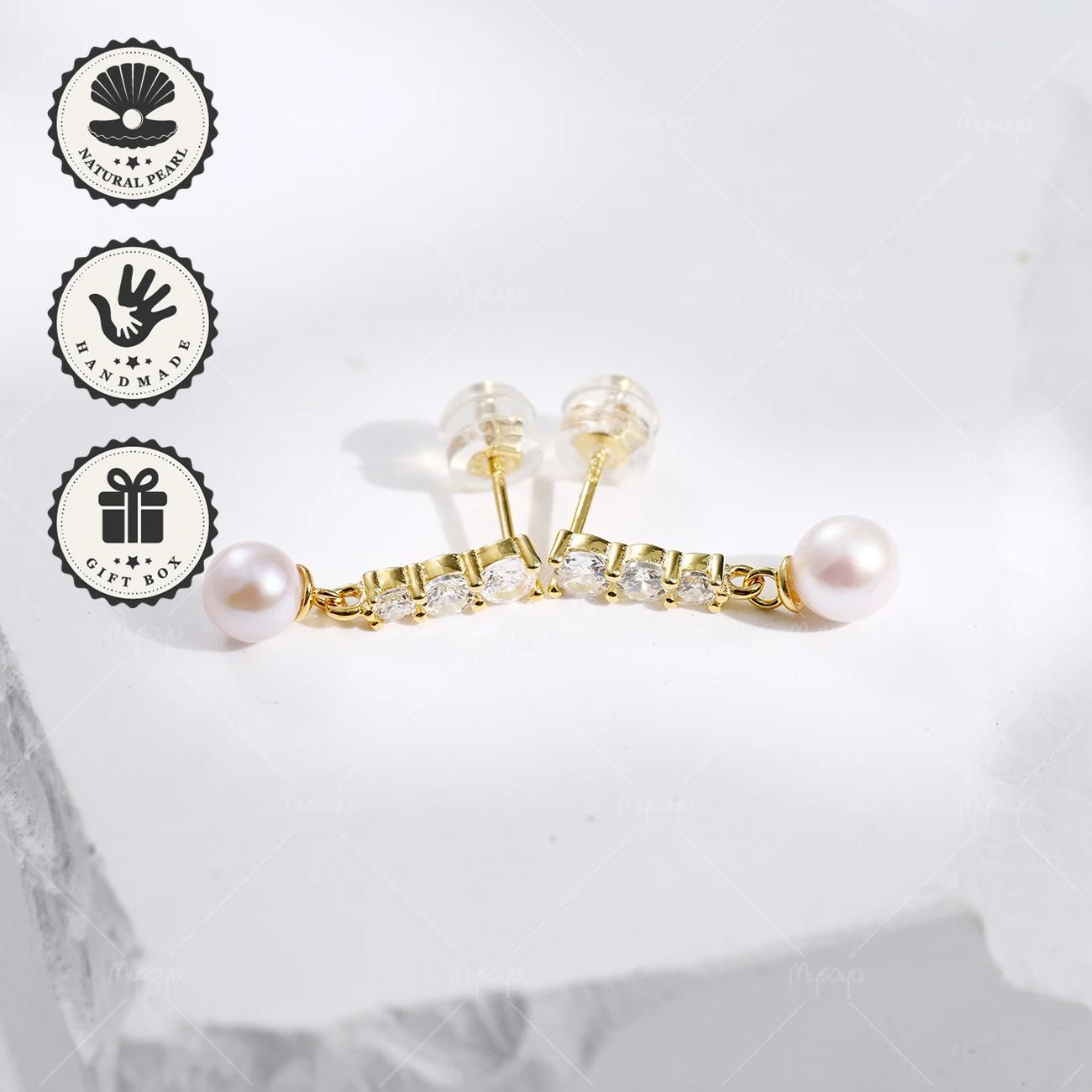 

MYSOYA 5-5.5mm Akoya Pink Tone Pearl CZ Simple Stud Earrings Golden S925 With Gift Box Birthday Gift Valentine’s Day