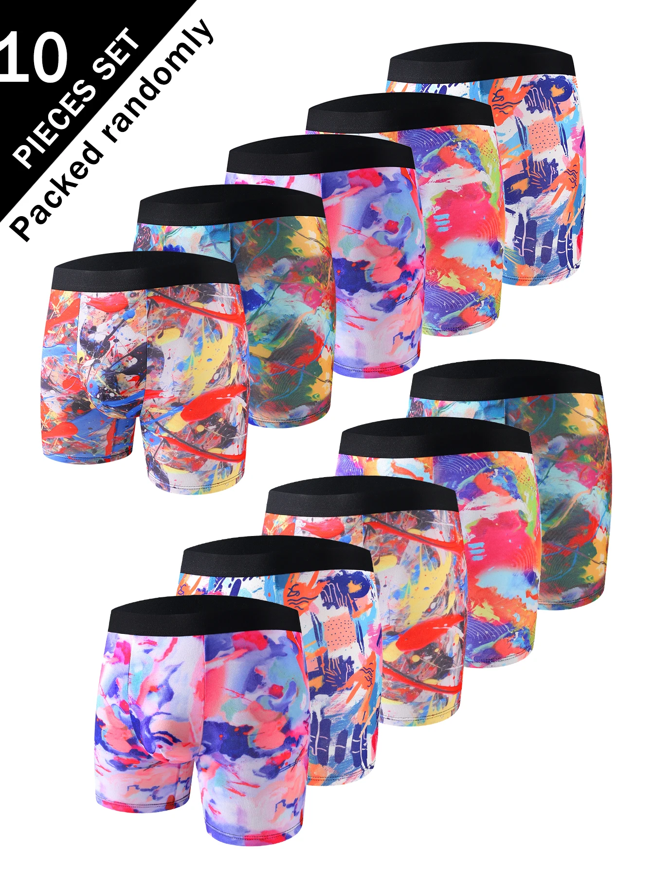 

Набор из 10 мужских трусов-боксеров с граффити-принтом, разнообразные яркие узоры, удобное хлопковое белье для повседневной носки дома