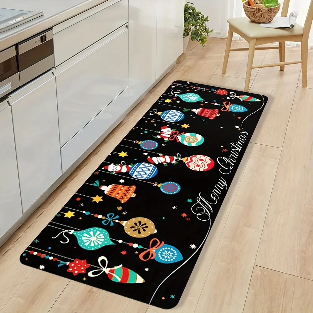 Solid Black Background Cartoon Xmas Bauble Santa Bell Long Runner Rug, washable carpet, holiday decor kitchen indoor floor space