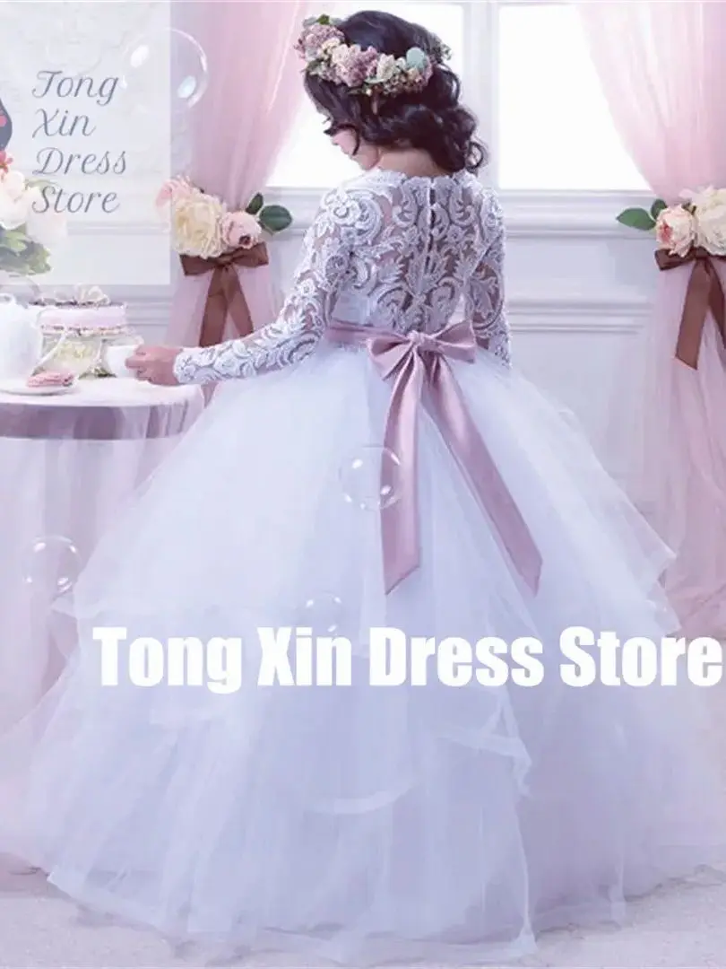 Customized Flower Girl Dresses White Tulle Puffy Tiered Appliques With Pink Bow Long Sleeve For Wedding Birthday Communion Gown