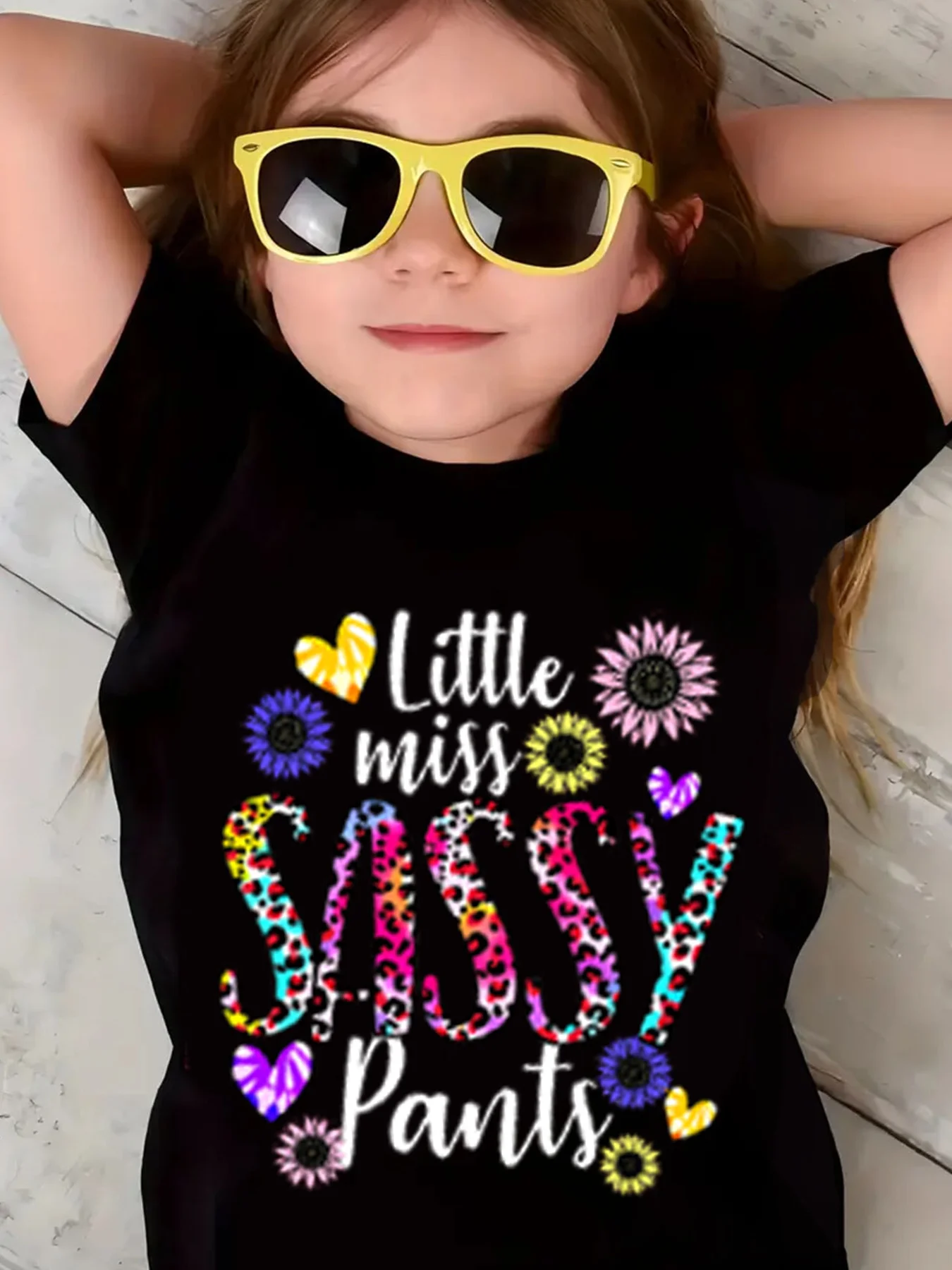Children and Girls Fun 'Little Miss ASAAY' Chrysanthemum Letter T-shirt Novelty Personality O-neck Short Sleeve Children and Girls Daily Fashion Trend Items Summer Home Outdoor T-shirt