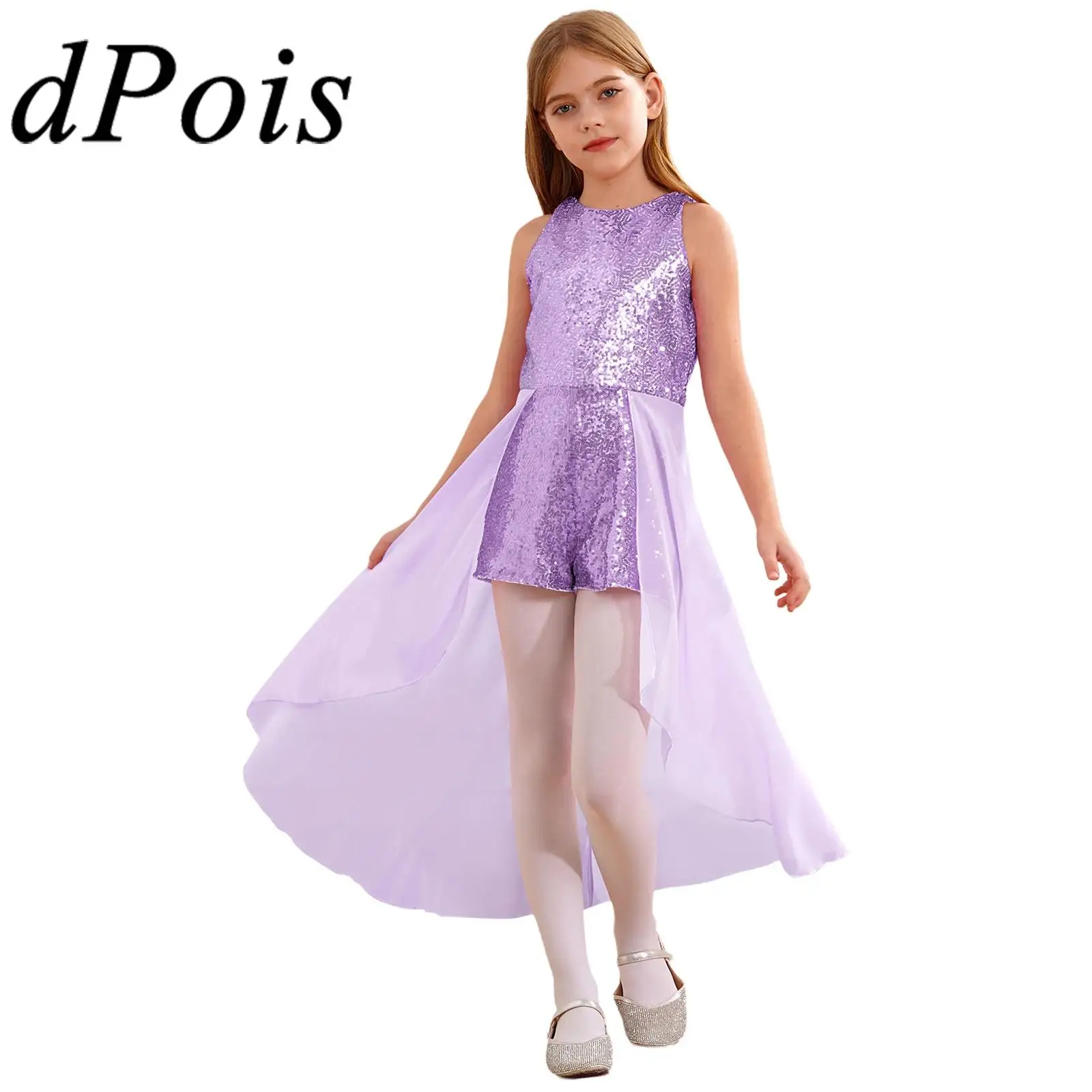 Kids Girls Sparkly Sequin Jumpsuit Party Dress Sleeveless Long Chiffon Overlay Skirt Jumpsuits Modern Ballroom Dancing Costumes