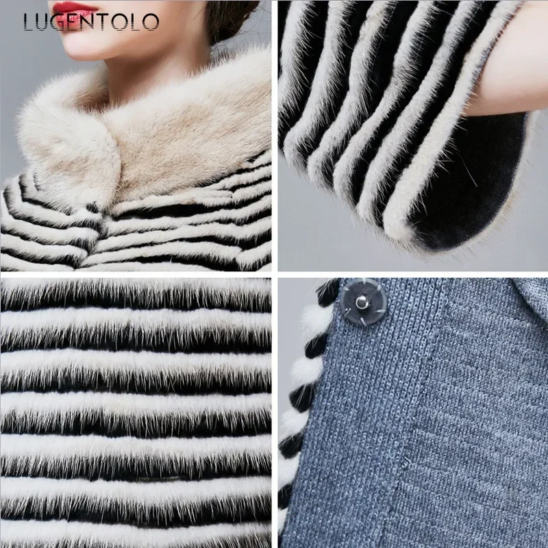 Women Faux Mink Fur Elegant Coat Stripe Stand Collar Autumn Winter Female Loose New Fahsion 2024 Simple Street Cloth