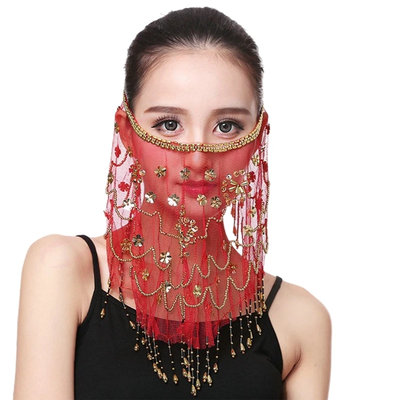 

Belly Dance Tassel Veil Face Ornament Decoration Black Chiffon Face Curtain Sunscreen Covering Face Musk Jewelry India Costume