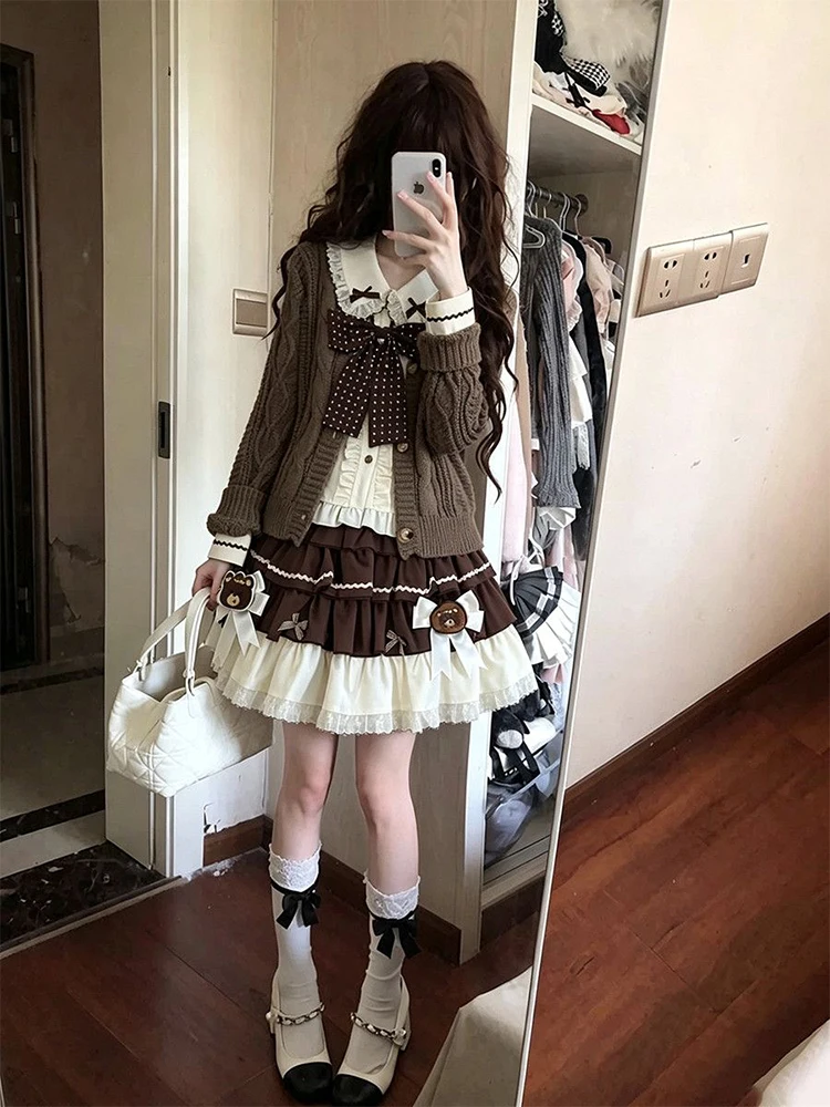 Autumn New Style Cute Japanese Knitted Cardigan Shirt And  Skirt Three Piece Set Women's Fashion College Style Inner Wear