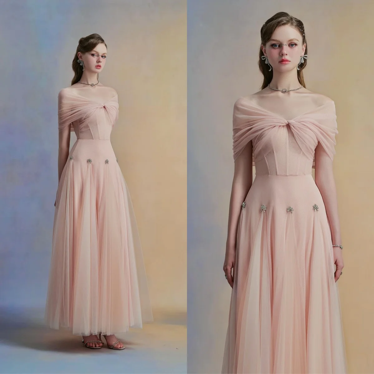 

Illusion Pink Women Evening Gown A Line Off Shoulder Tulle Vestidos de Noche Customized Beading Floor Length Robes De Soiree