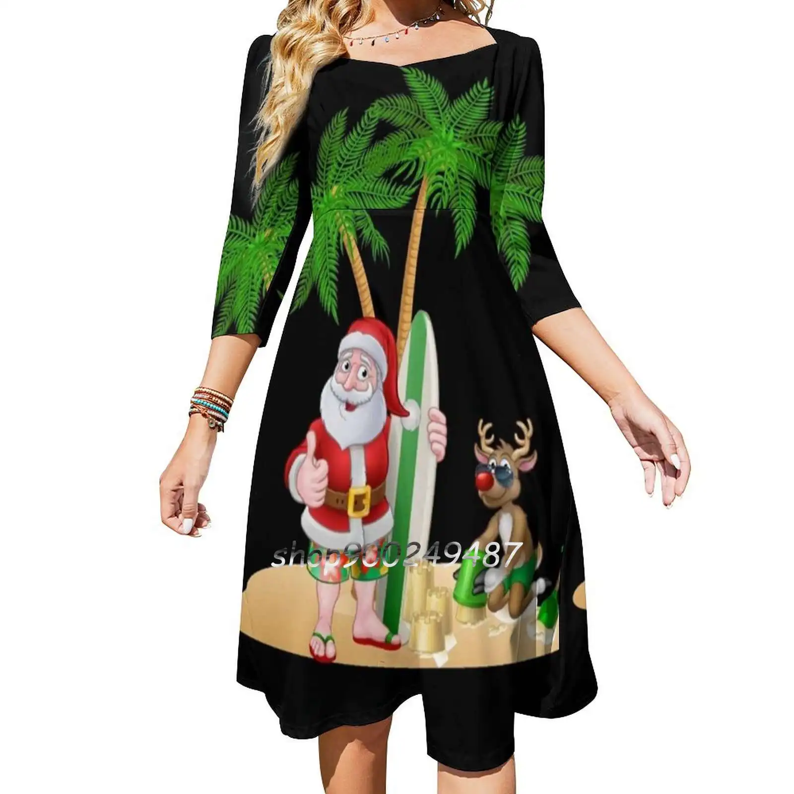 Funny Santa Surfing Hawaiian Summer Christmas Outfit Square Neck Dress New Plus Size Elegant Women Waist Tight Dress Kalikimaka