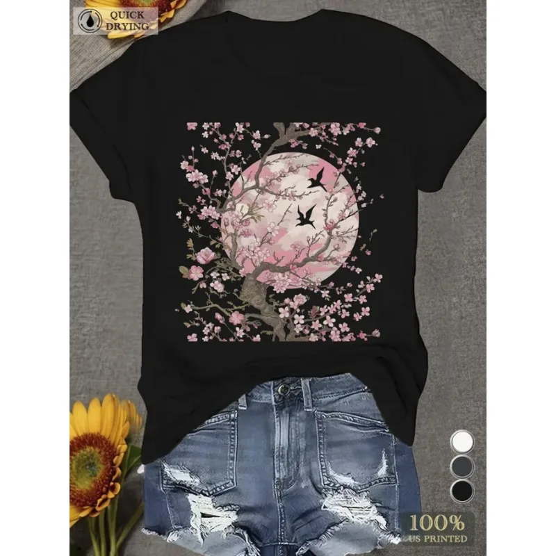 المرأة تي شيرت خمر مستوحاة زهر الكرز نمط مطبوعة تي شيرت الربيع الصيف جولة الرقبة السيدات تي شيرت #2
