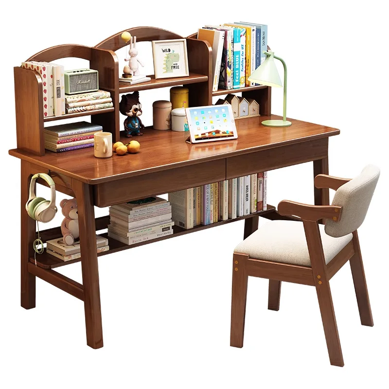 

Nordic solid wood desk with bookshelf Children's study table Bedroom Student simple office Computer desk