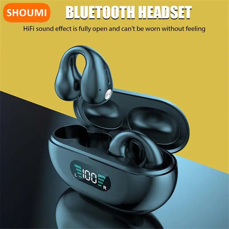 Shoumi 2023 Bone Conduction Earbud Bluetooth V5.3 Ear Clip Earphone Wireless Clip-ear Earbuds Earring Sports Headphone with Mic