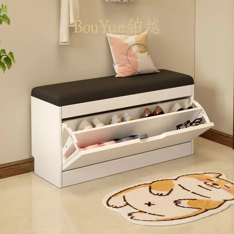 Solid Wood Shoe Changing Stool Modern Flip Top Storage Bench Soft Cushioned Seat Entryway Organizer Compact Footrest for Home