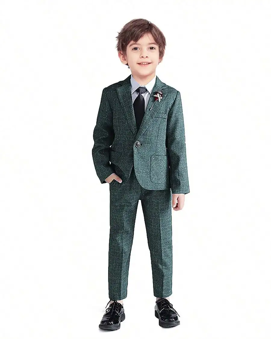

Нарядный твидовый костюм для мальчиков - зеленый пиджак в клетку и брюки для свадеб