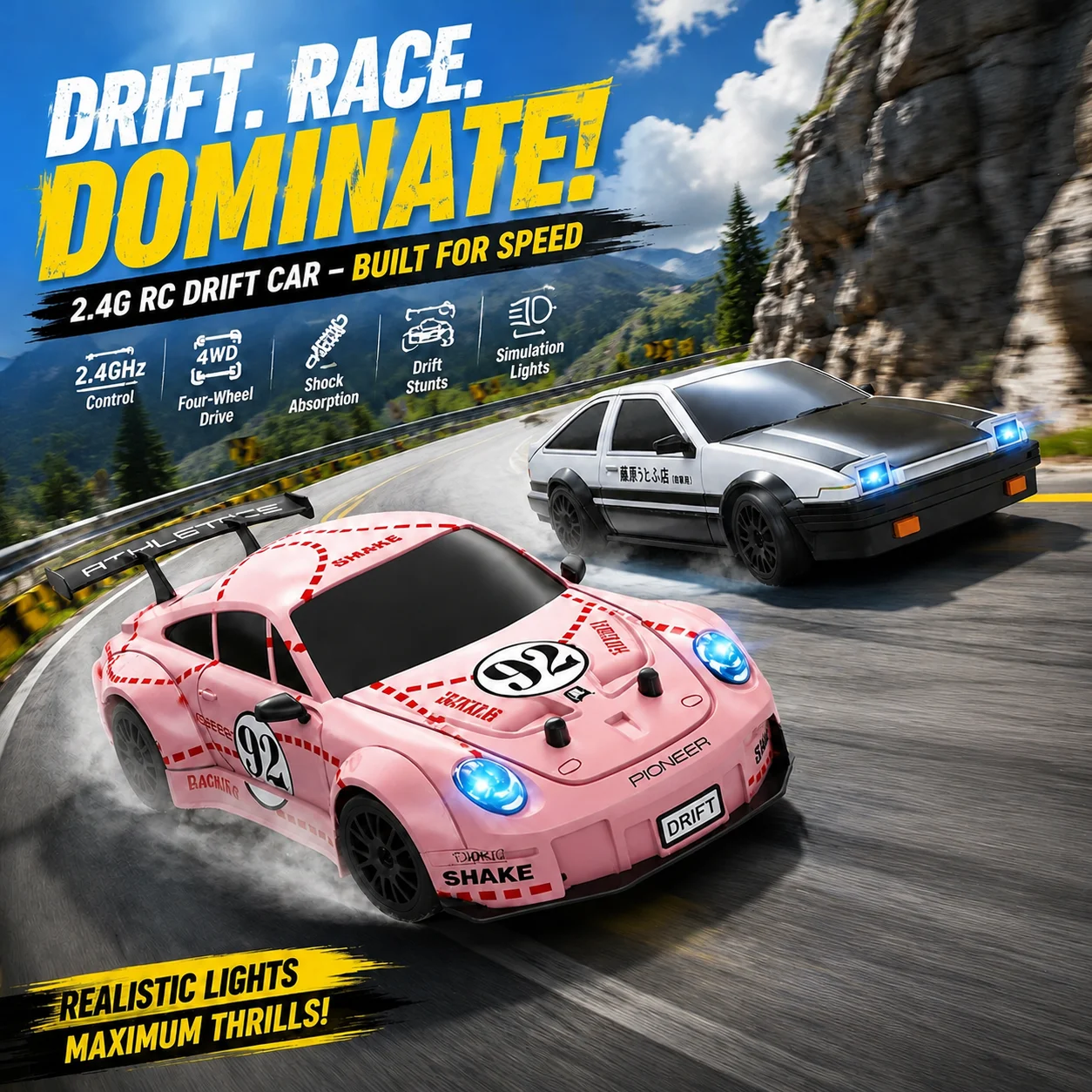 4WD RC Drift Racing Car, Professional High Speed Remote Control Toy Vehicle with LED Lights, Gift for Boys Kids