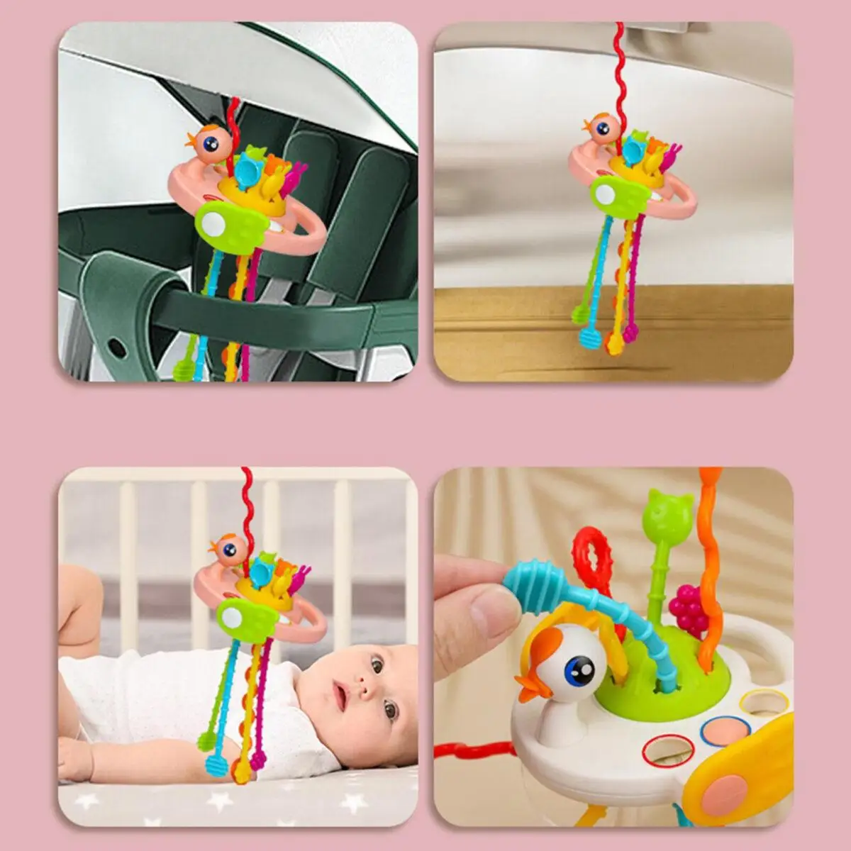 Infant Grasping Toy Cartoon Duck Astronaut Multiple Textures Pull Stick Training Toys Baby Pulling Sensory Toy