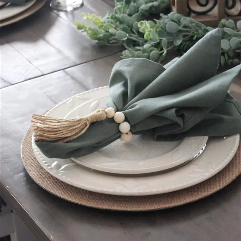 Y51A-Set Of 24 Beaded Wood Napkin Rings With Table Setting Wedding Party Décor Accessories Napkin Holder Natural Style
