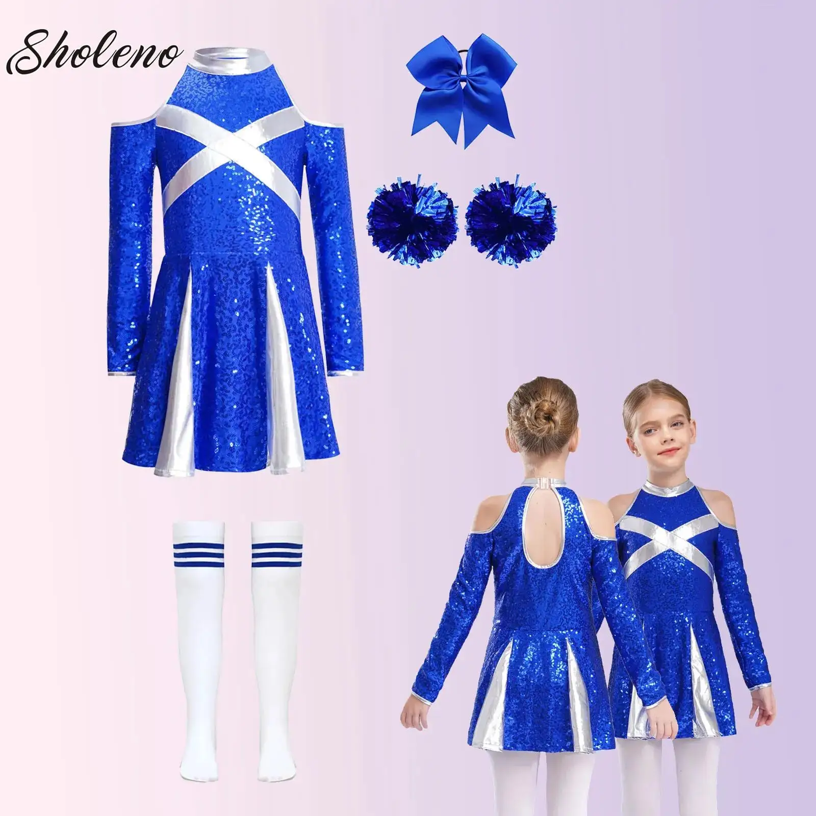 

Kids Cheerleading Cheerlead Uniform Performance Outfit Sequins Dress with Socks Flower Headwear Child School Girls Dancewear Set