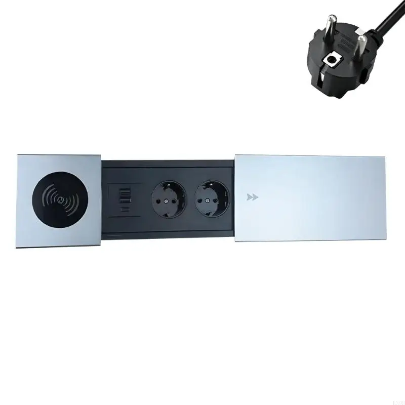 Office Kitchen Embedded Power Outlet Featuring Slide Cover 2 Socket 2 USB Port 1 Type C Aluminum ABS Build