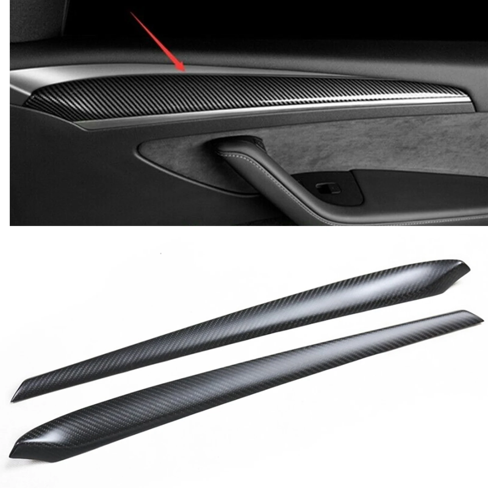 2PCS Carbon Fiber Interior Door Panel Trim Sticker Handrail Cover Strip Decor For Tesla Model 3 2021-2023 Model Y 2019-2023