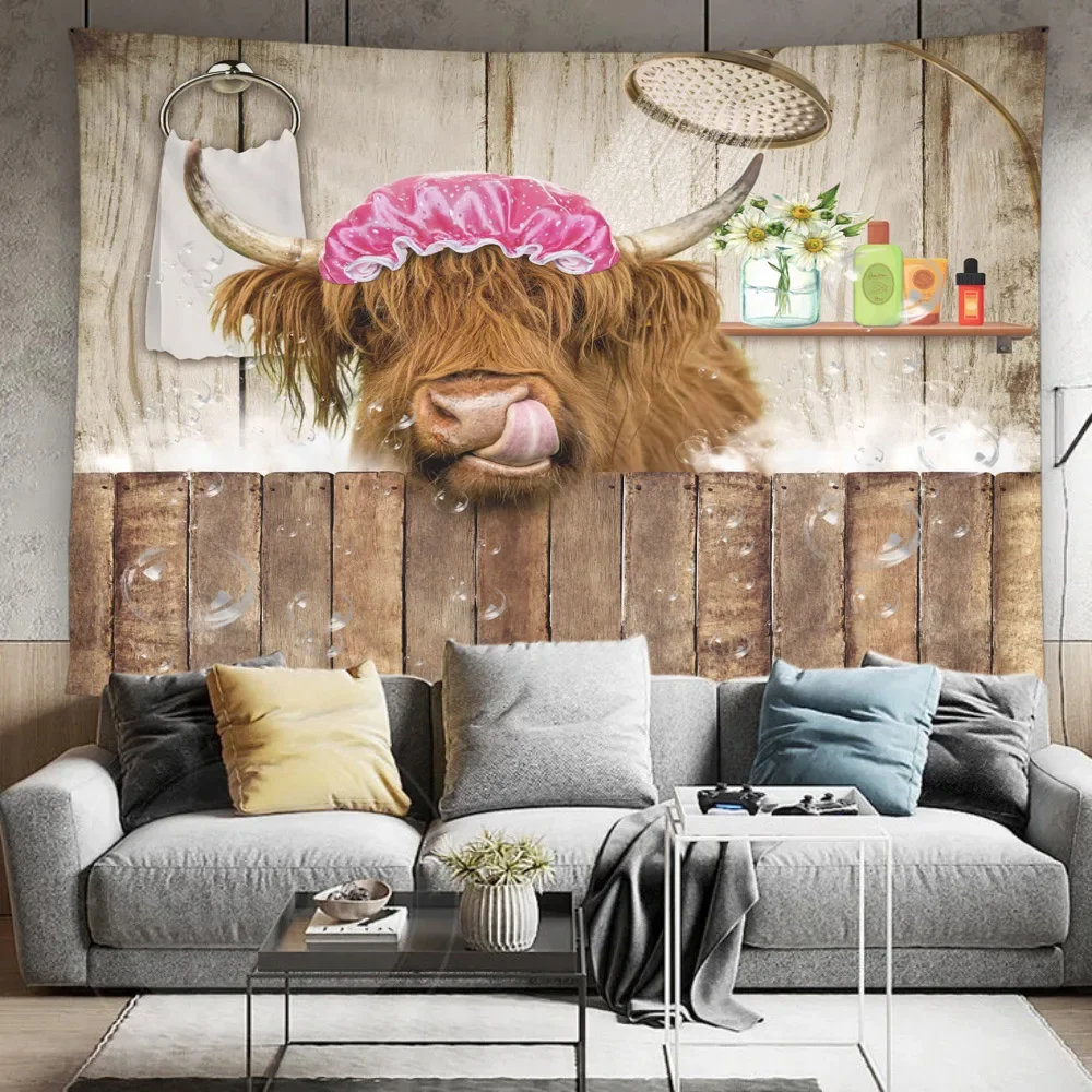 Funny Highland Cow Tapestry Western Bull Portrait Brown Wood Panel Wall Hanging Home Living Room Decor Aesthetic Backdrop Mural