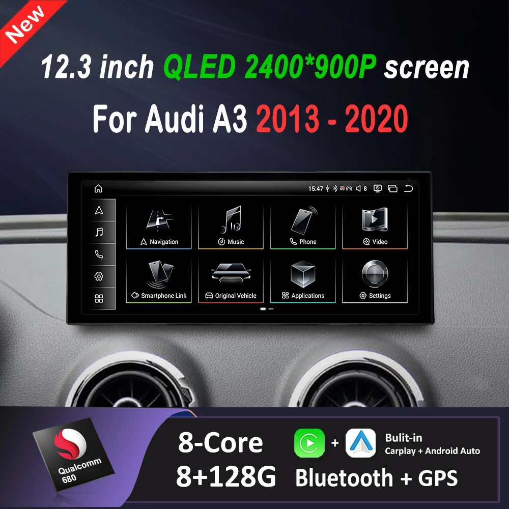 Android 15 para Audi A3 2013-2020, Reproductor Multimedia de Video para Auto, Radio, Carplay Inalámbrico, DSP Estéreo, GPS, 4G, WIFI, Pantalla QLED