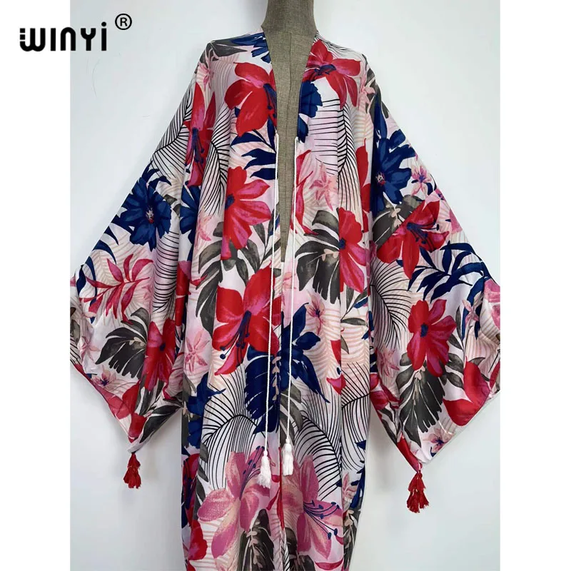 2022 WINYI sukienka Kaftan Sweet Lady Pink Boho Print Self Belted Front Open Long Kimono Dress Beach tunica Wrap Dresses