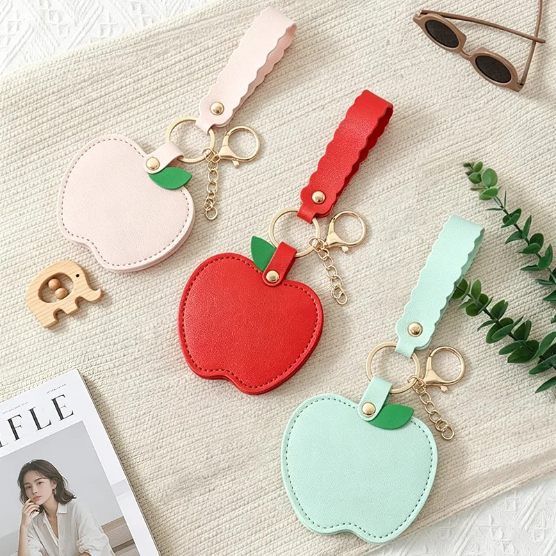 Cute Apple Shape Mini Makeup Mirror Keychain PU Leather Portable Cosmetic Mirror with Wrist Strap Bag Pendant Keyring Women Gift
