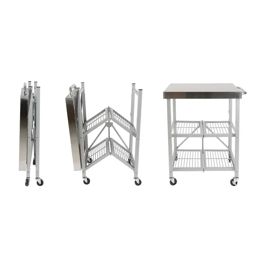 Stainless Steel Table 3-Tier Foldable Rolling Cart for Kitchen Outdoor Camping