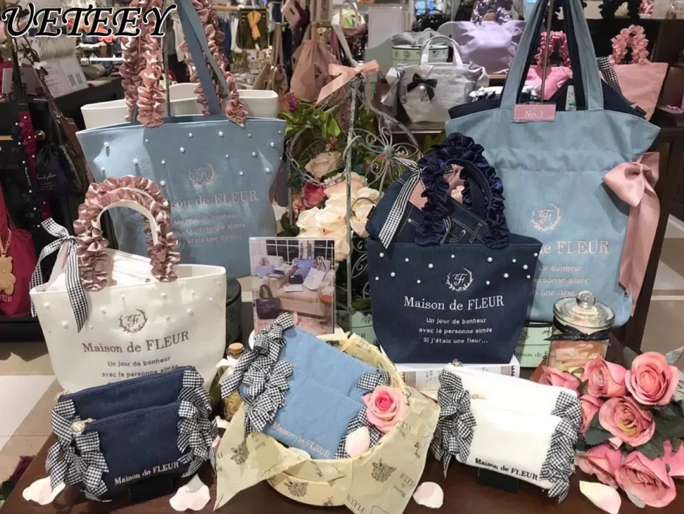 Japanese Style New Cute Denim Shoulder Bag Sweet Girl All-Match Inlaid Pearl Letter Printed Handbag for Shopping Cosmetic Bags