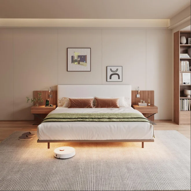King Size Bed with Integrated Nightstands & Reading Lamps, Wide Headboard with LED Strip Lights, Multifunctional Bedroom Furniture Combination - view 8