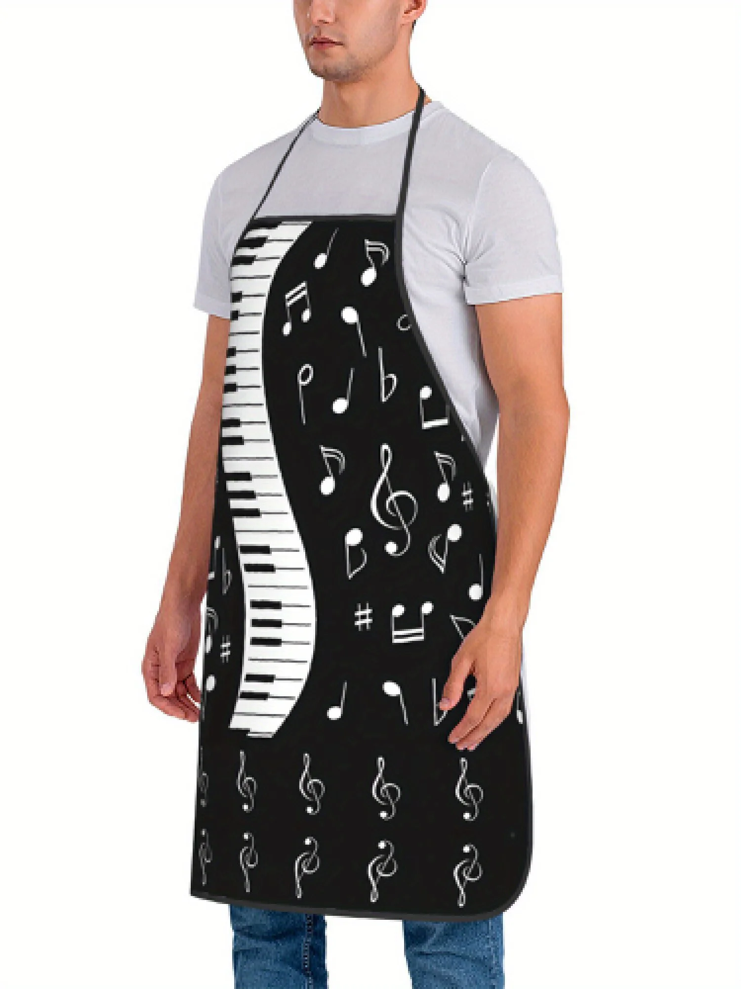 Stylish Music-Themed Kitchen Apron with Piano Keys & Musical Notes Design - with Glossy Finish - Ideal for Cooking
