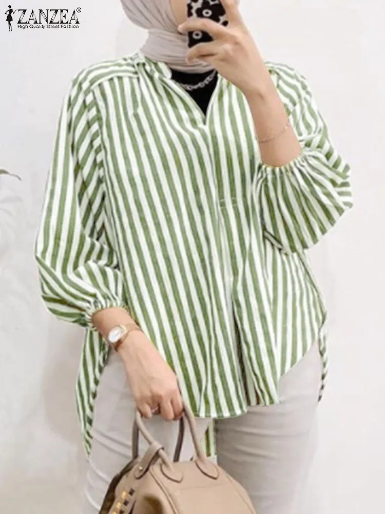 

ZANZEA Women V Neck Striped Blouse Vintage Long Sleeve Casual Muslim Abaya Tops Work Blusas Female Islamic Clothing Hijab Shirt