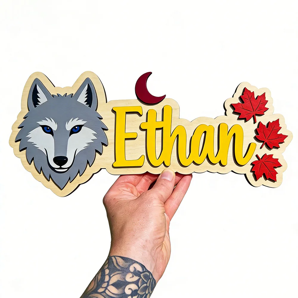 

Персонализированная деревянная табличка с именем в виде головы волка, кленового листа и луны, настенный декор для детской комнаты в стиле дикой природы, подарок на день рождения