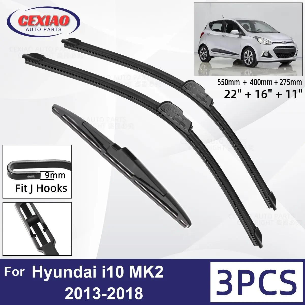 

For Hyundai i10 MK2 2013-2018 Car Front Rear Wiper Blades Soft Rubber Windscreen Wipers Auto Windshield 22"16"11" 2015 2016 2017