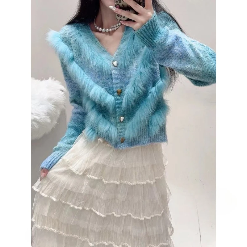 2025年秋 レディース ショートファートリムニットカーディガン ボタン付き 本物のフォックスファー ストライプコート アウター 女性用ファーセーター