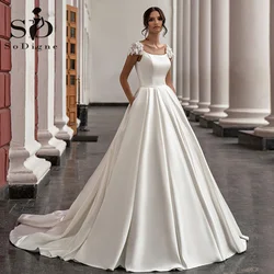 Sodigne vestido de casamento de cetim para mulheres, elegante, mangas, decote redondo, flores, linha a, vestido de noiva com bolsos personalizados